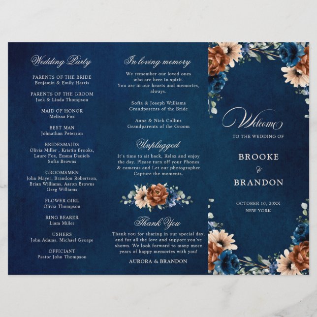 Hochzeitsprogramm Terracotta Navy Blue Greenerity (Vorderseite)