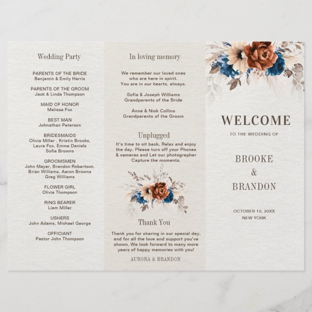 Hochzeitsprogramm Terracotta Navy Blue Pampas Gras (Vorderseite)