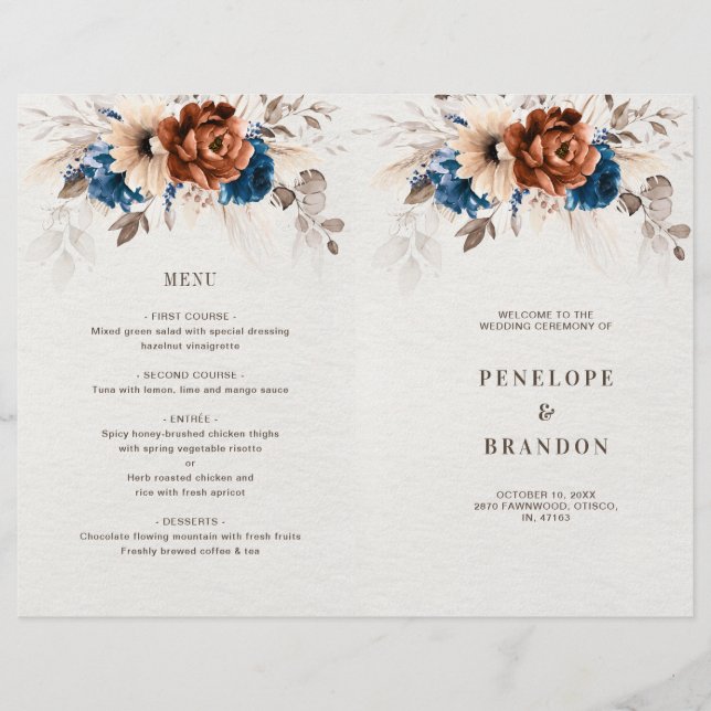 Hochzeitsprogramm Terracotta Navy Blue Pampas Gras (Vorderseite)