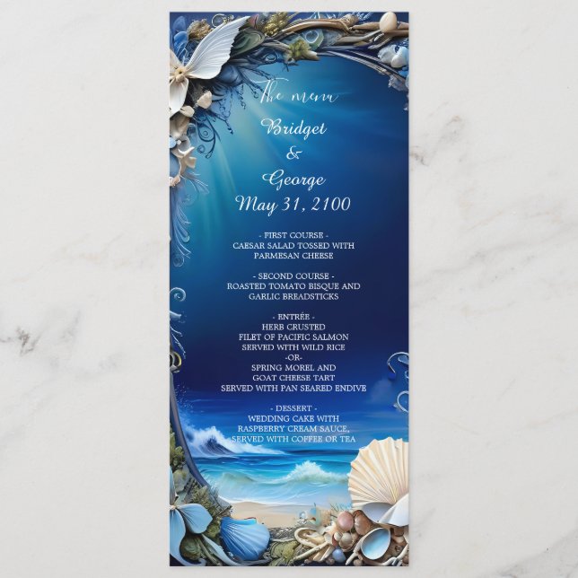 Hochzeitsprogramm und Menü für die blaue Küste Programm (Vorderseite)