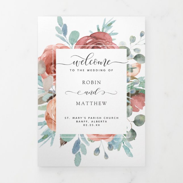 Hochzeitsprogramm und Zeitleiste Wasserfarben Dreifach Gefaltete Karte (Cover)