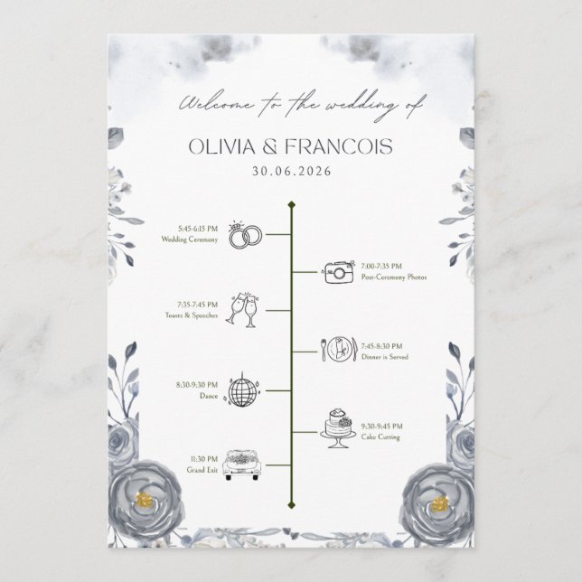 Hochzeitsprogramm Zeitplan – Elegante Florale Zere Programm (Vorderseite)