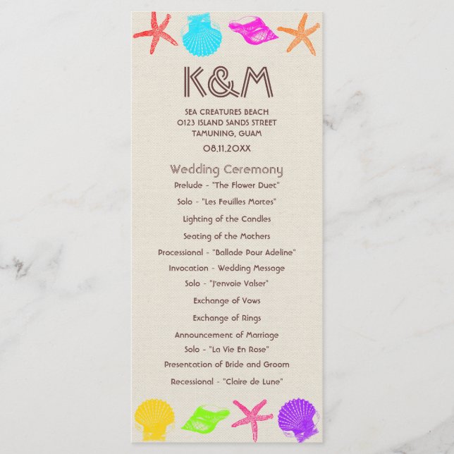 Hochzeitsprogramme am Strand Programm (Vorderseite)