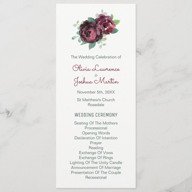 Hochzeitsprogramme für Burgund Rose Programm (Vorderseite)