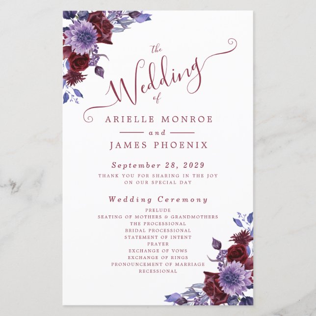 Hochzeitsprogramme für lila und weiße Blumen (Vorderseite)