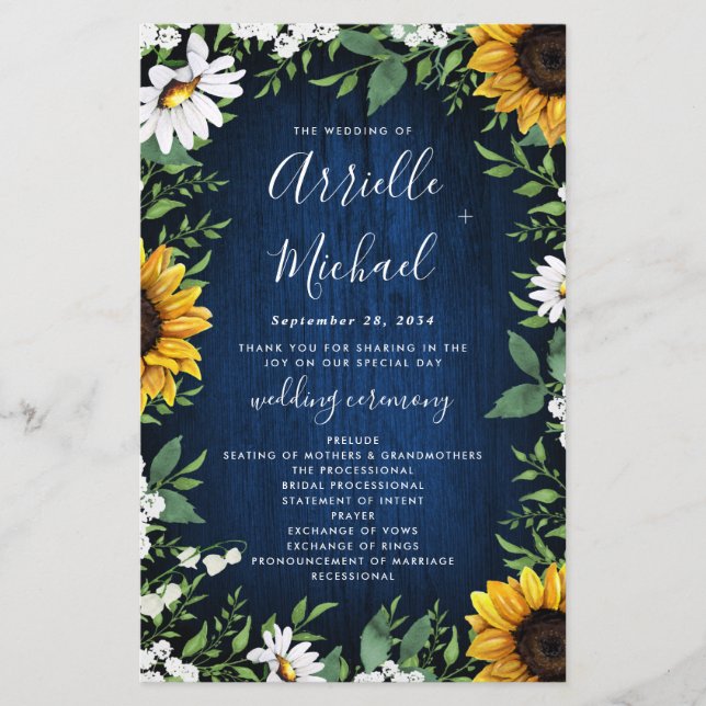 Hochzeitsprogramme für Navy Blue Sunflower Rustic  (Vorderseite)