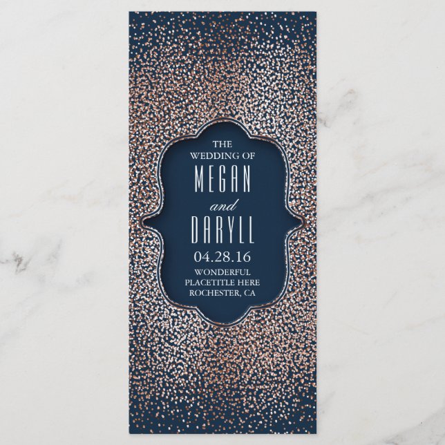 Hochzeitsprogramme für Navy und Rose Gold Glitzer Programm (Vorderseite)