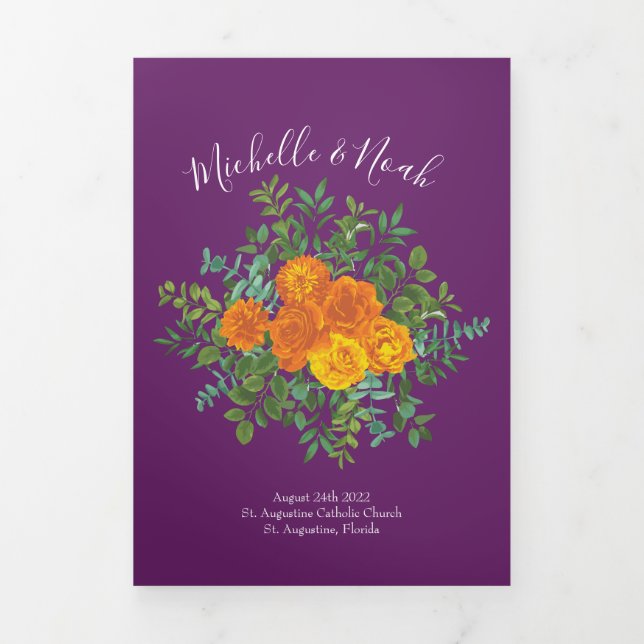Hochzeitsprogramme für Orange und Lila Pflaumenpfl Dreifach-gefaltete Programmkarte (Cover)