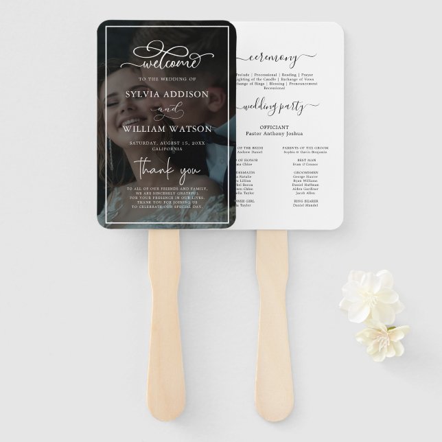 Hochzeitsprogramme für Schwarz/Weiß-Overlay-Fotos Fächer (Vorne und Hinten)