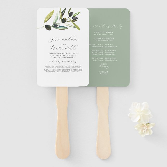 Hochzeitsprogramme für Wasserfarben Olive Branch G Fächer (Vorne und Hinten)