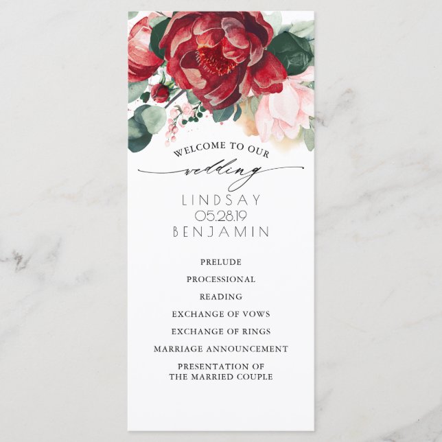 Hochzeitsprogramme in Burgund Rot und Rosa Programm (Vorderseite)