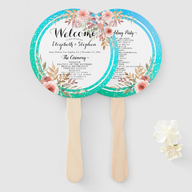 Hochzeitsprogramme Moderne rosa Aquamarine Goldpun Fächer (Vorne und Hinten)
