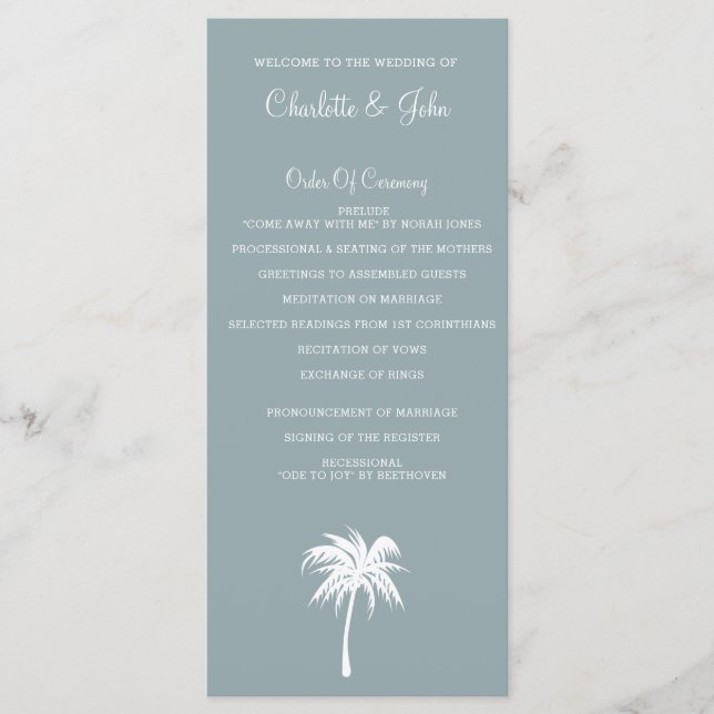 Hochzeitsprogramme von Dusty Blue Palm Tree Beach Programm (Vorderseite)