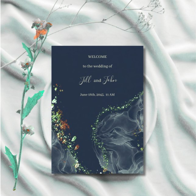 Hochzeitsprogrammkarte Navy Blau Gold Alkohol-Tint Programm (Von Creator hochgeladen)