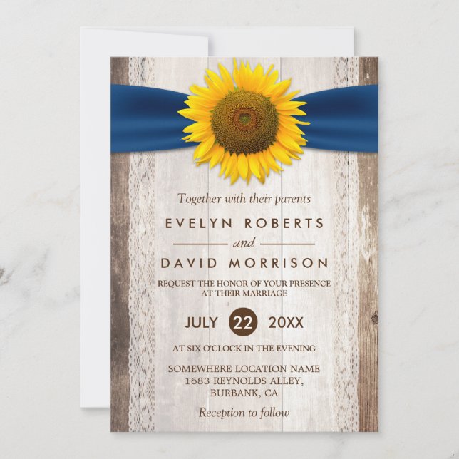 Hochzeitspur Rustikales Stallholz Sonnenblume Band Einladung (Vorderseite)