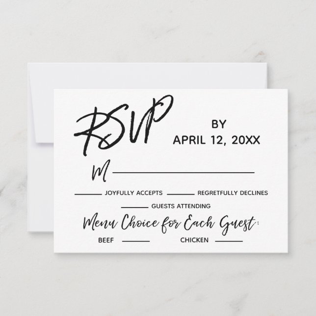 Hochzeitsrabatt Lässige Handschrift mit Menüauswah RSVP Karte (Vorderseite)