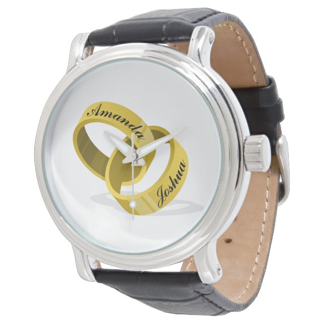 Hochzeitsränder ineinander greifen - Gravierte ind Armbanduhr (Schrägansicht)