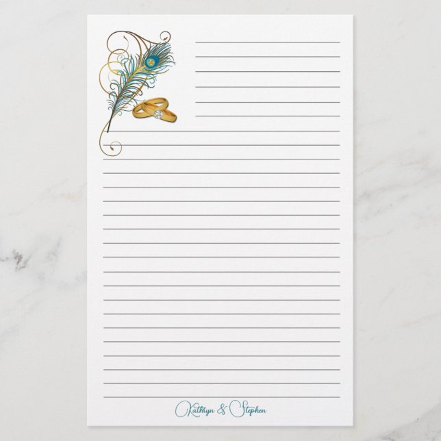 Hochzeitsränder und Aquamarine Pfauenfederleder Briefpapier (Vorderseite)