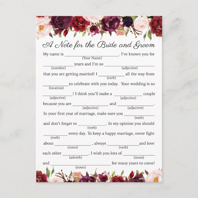 Hochzeitsratgeber für Marsala und Rosa Hinweiskarte (Vorderseite)