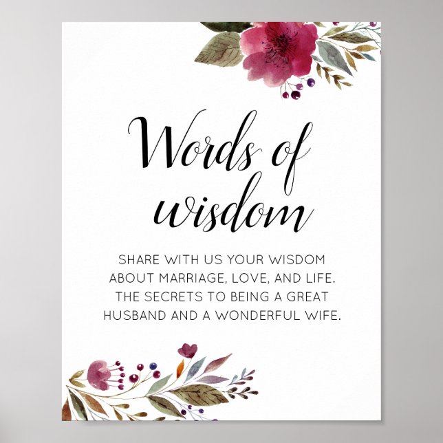 Hochzeitsratgeber Worte der Weisheit Burgund Flora Poster (Vorne)