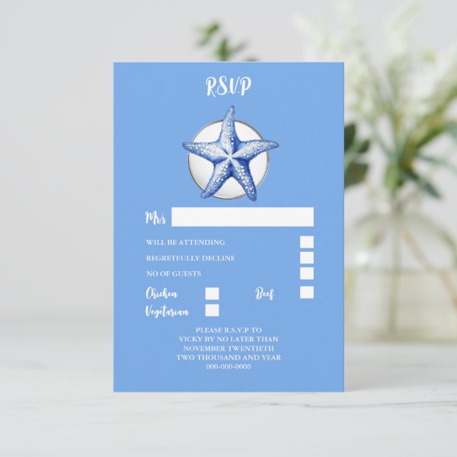 Hochzeitsreaktion auf Starfish-Blau RSVP Karte (Stehend Vorderseite)