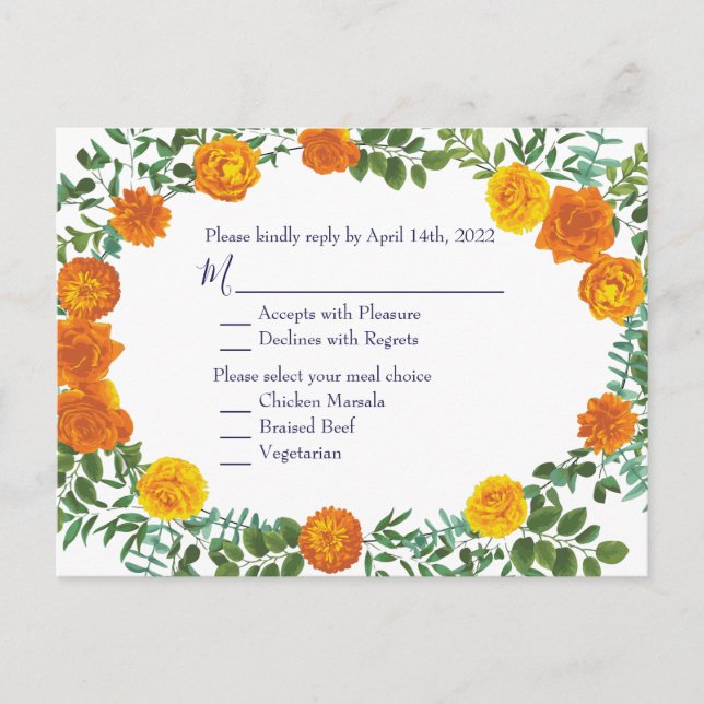 Hochzeitsreaktion von Orange & Navy Blue Peony Ros Postkarte (Vorderseite)
