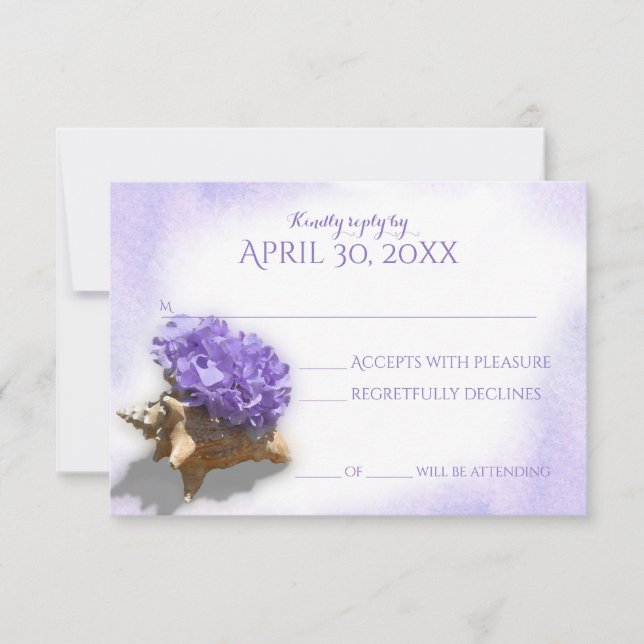 Hochzeitsreaktion von Seashell und Lila Hydrangea RSVP Karte (Vorderseite)