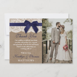 Hochzeitsreise mit dem Foto "Navy Ribbon on Burlap Dankeskarte
