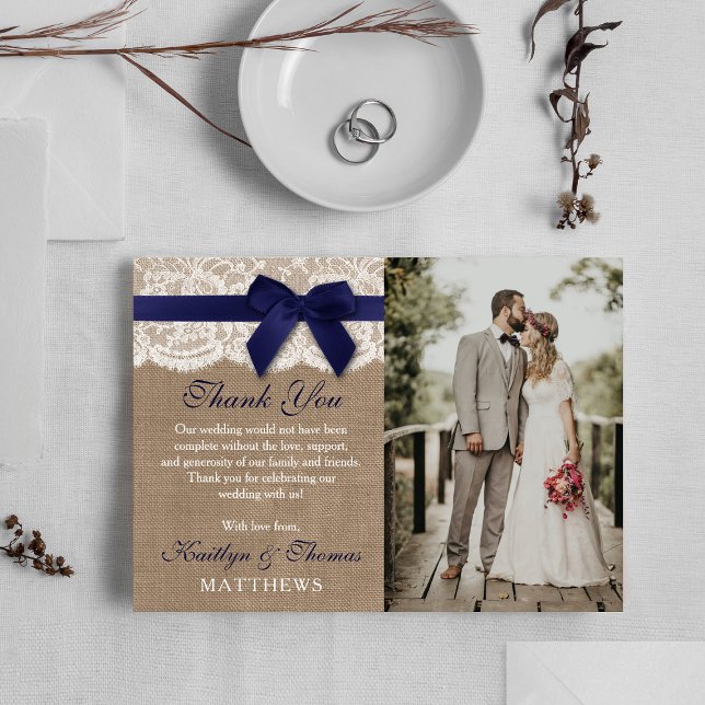 Hochzeitsreise mit dem Foto "Navy Ribbon on Burlap Dankeskarte (Von Creator hochgeladen)