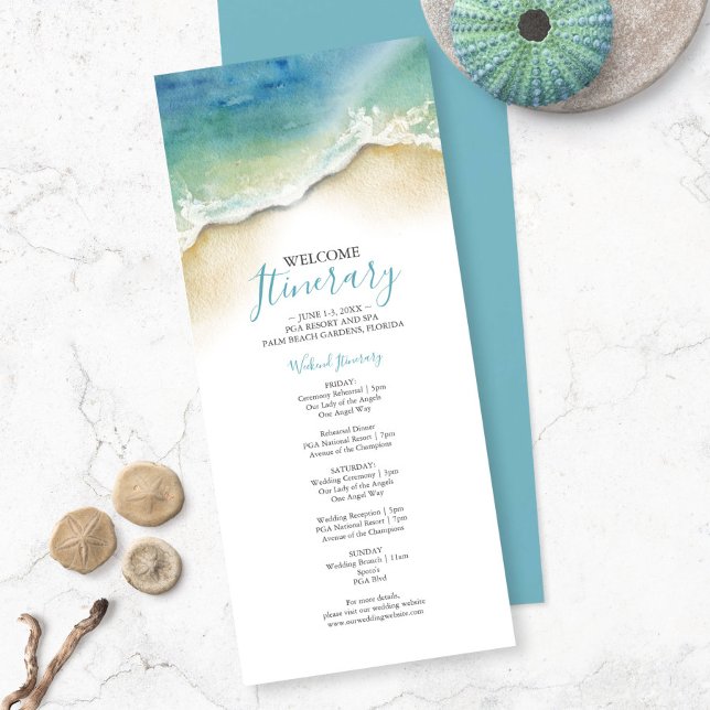 Hochzeitsreise mit dem Wasser am Strand (Wedding welcome itinerary watercolor seashore art by Victoria Grigaliunas of Do Tell A Belle)