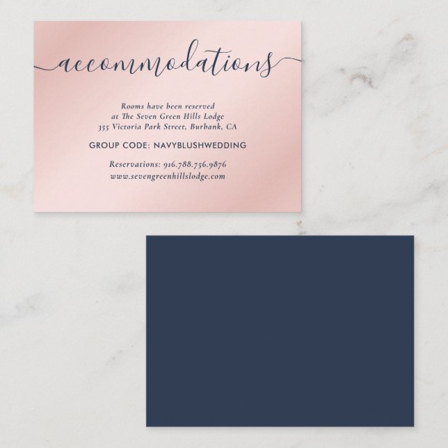 Hochzeitsreisekarten des Navy Blue Blush Hotels Begleitkarte (Vorne/Hinten)