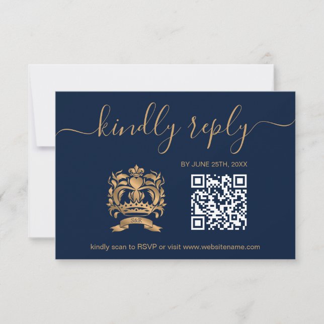 Hochzeitsreisepass Gold Navy QR Code RSVP Karte (Vorderseite)