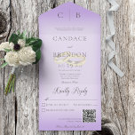 Hochzeitsrennen Moderner Lavendel QR Code All In One Einladung<br><div class="desc">MIT ODER OHNE QR-CODE ZUM AUSSCHLIESSEN. Dieses schlichte und dennoch elegante Design hat einen modernen Look. Zwei vergoldete Hochzeitsringe auf einem weichen, weißen WeichblurOverlay auf einem weichen Lavendelhintergrund. Personalisierte All-In-One-Einladungen sind eine einzigartige Kombination aus einer schön gedruckten, maßgeschneiderten Einladung und einer leicht zu abreißenden perforierten UAWG-Postkarte. Und sie sind so...</div>