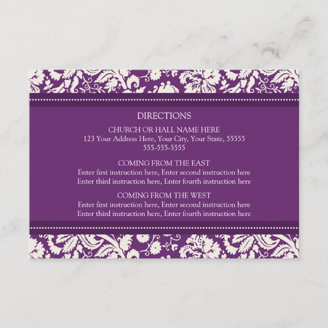 Hochzeitsrichtungskarten Plum Damask Begleitkarte (Vorderseite)