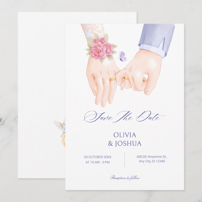 Hochzeitsring mit sanften, eleganten Händen Save The Date (Vorne/Hinten)