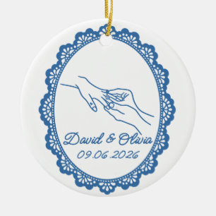 Hochzeitsring-Paarname und Datum-Andenken Keramik Ornament