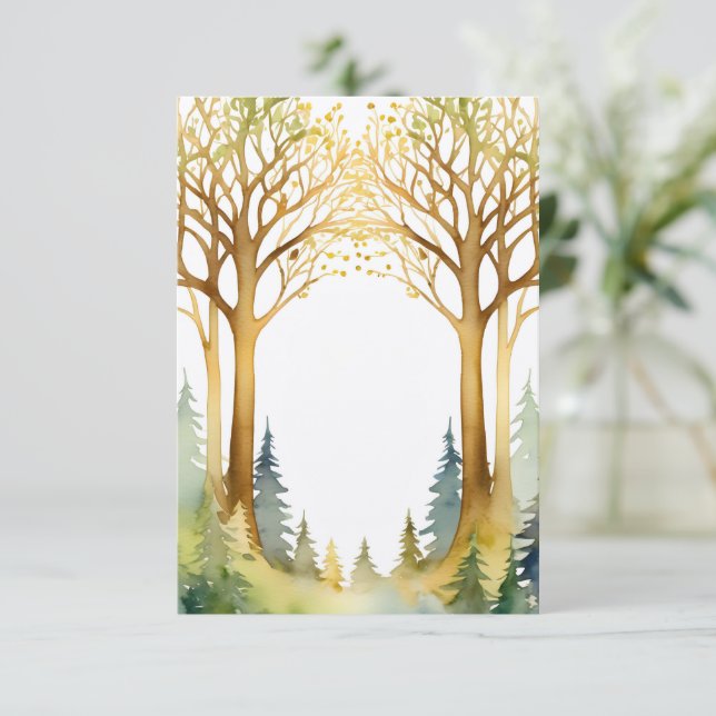 Hochzeitsromantik Rahmen Wald Gold grün Einladung (Stehend Vorderseite)