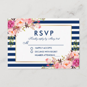 HochzeitsrSVP Floral Wasserfarbe Rosa Blau Streife RSVP Karte