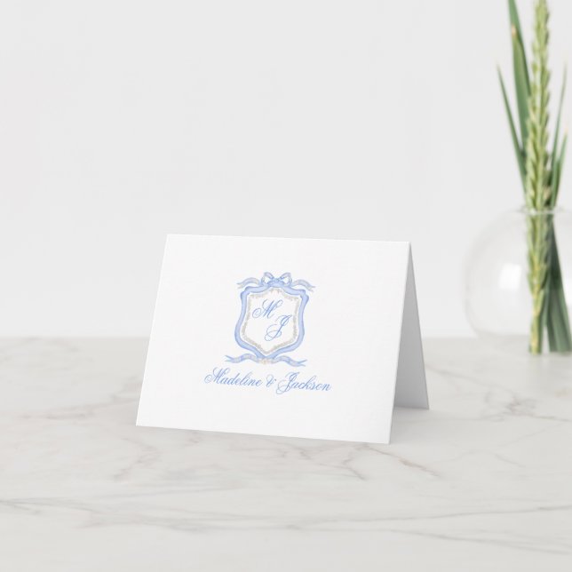 Hochzeitssache des Blue Monogram Wappen Watercolor Dankeskarte (Vorderseite)