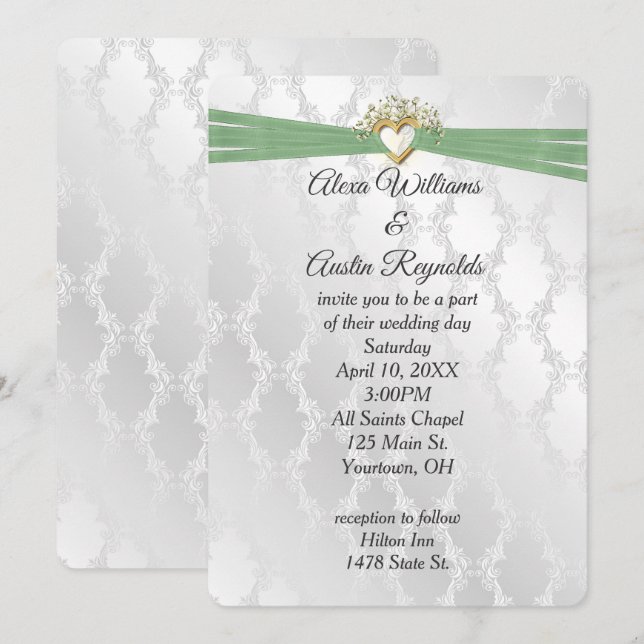 Hochzeitssage grünes Band im Herzen auf Satin Einladung (Vorne/Hinten)