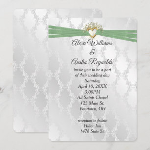 Hochzeitssage grünes Band im Herzen auf Satin Einladung