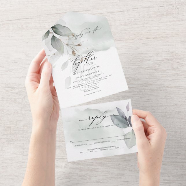 Hochzeitssage Grünes Blatt All In One Einladung (Abreißen)