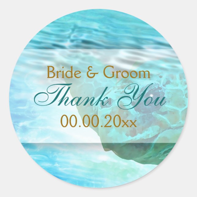 Hochzeitsschildkröte zum Thema Strand "Danke" Runder Aufkleber (Vorderseite)