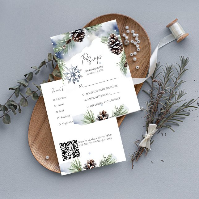Hochzeitsschneebeete Wasserfarbenschneebeete Dankeskarte (Snowy pines winter wedding RSVP card with QR at the back watercolor pines with pine cones)