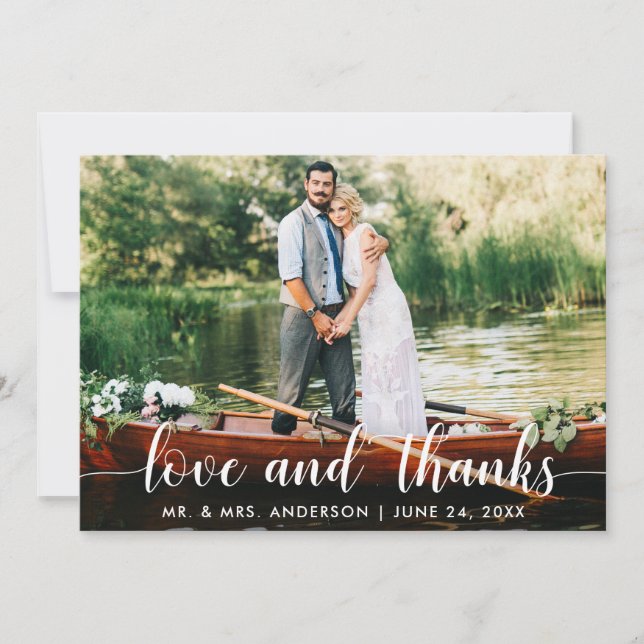 Hochzeitsschrift und Dank Foto Weiße Schrift Dankeskarte (Vorderseite)