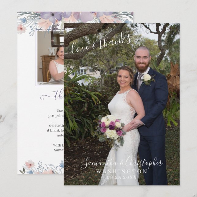 Hochzeitsschrift Watercolor Lila Lavendel Dankeskarte (Vorne/Hinten)
