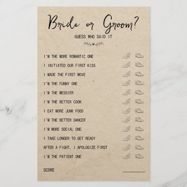 Hochzeitsschuhbrücke oder groom Rustikales Papier (Vorderseite)