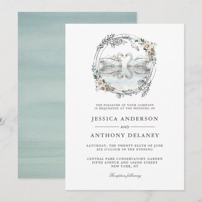 Hochzeitsschwäne Elegante Wasserfarben Einladung (Vorne/Hinten)