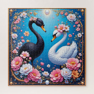 Hochzeitsschwäne, gerahmt mit Gold und Blüten