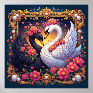 Hochzeitsschwäne, gerahmt mit Gold und Blüten Poster